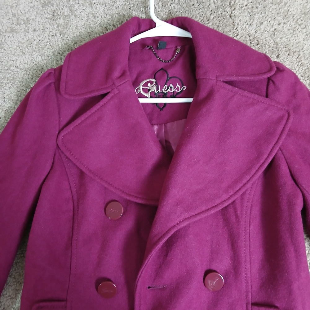 GUESS Womens Magenta Purple Double Breasted Pea Coat Leopard Print Lining - Picture 2 of 16